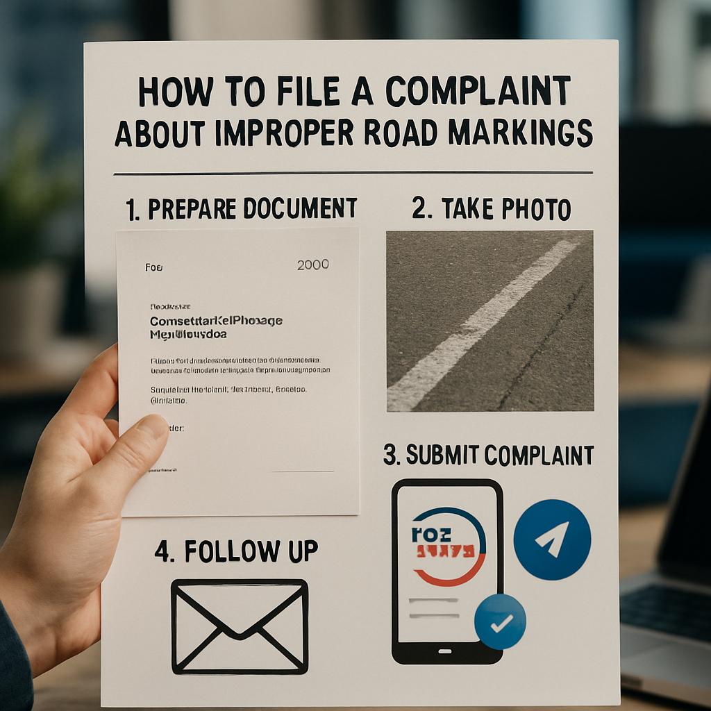 A professional guide image for filing a complaint about road marking violations, including the