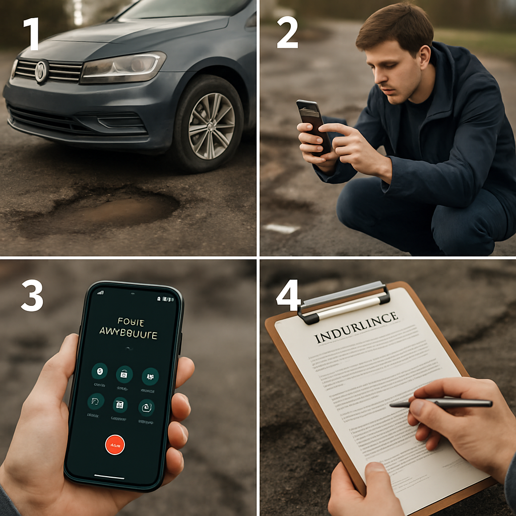 Visual guide illustrating steps to take after a car is damaged by a pothole.