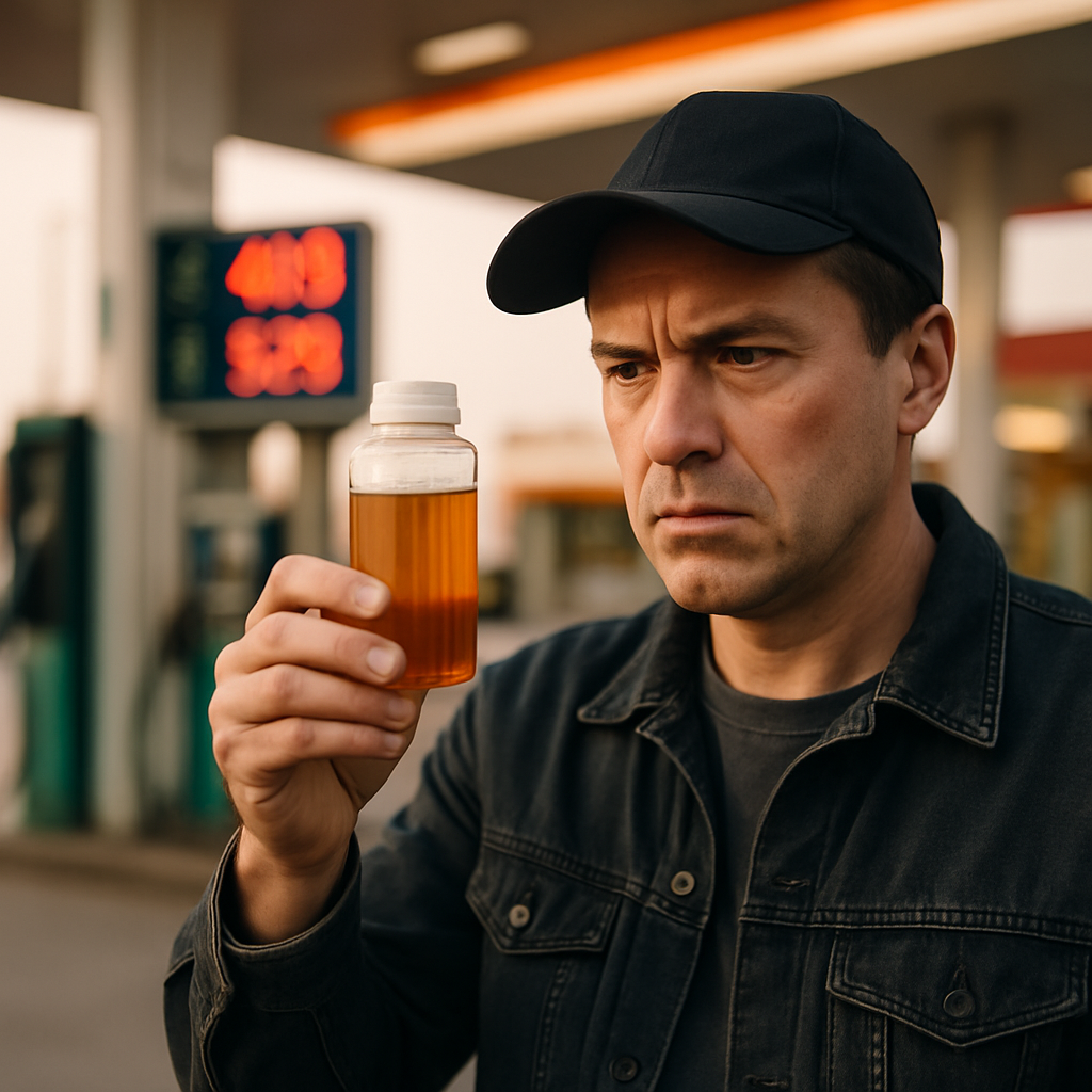A concerned driver checking fuel quality at a gas station with a sample container.