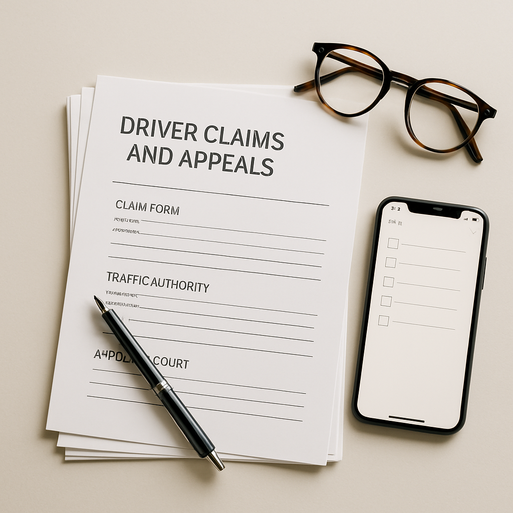 A well-arranged flat lay of template claims forms, a pen, reading glasses, and a