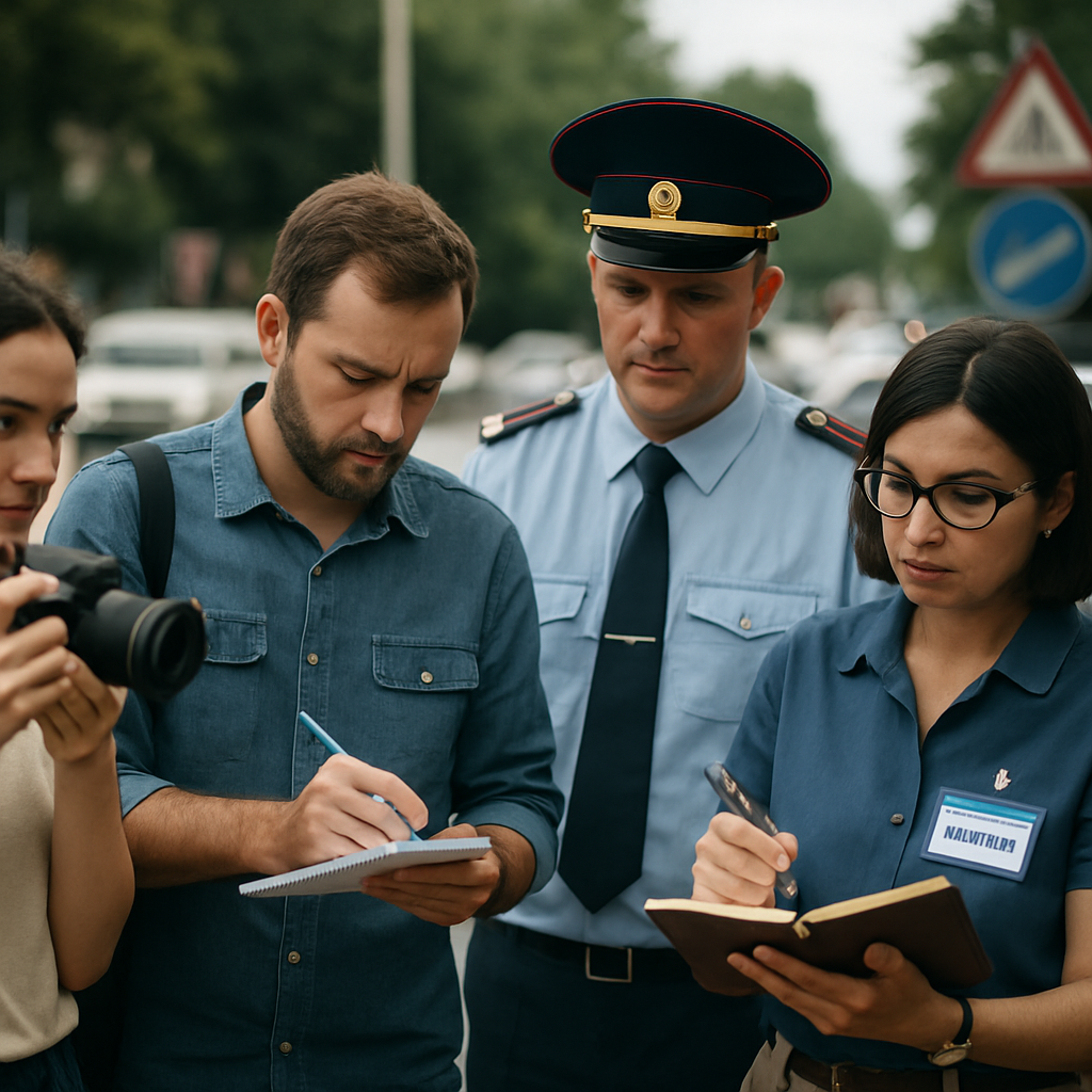 Citizens participating in a road monitoring raid, documenting conditions with officials from law enforcement